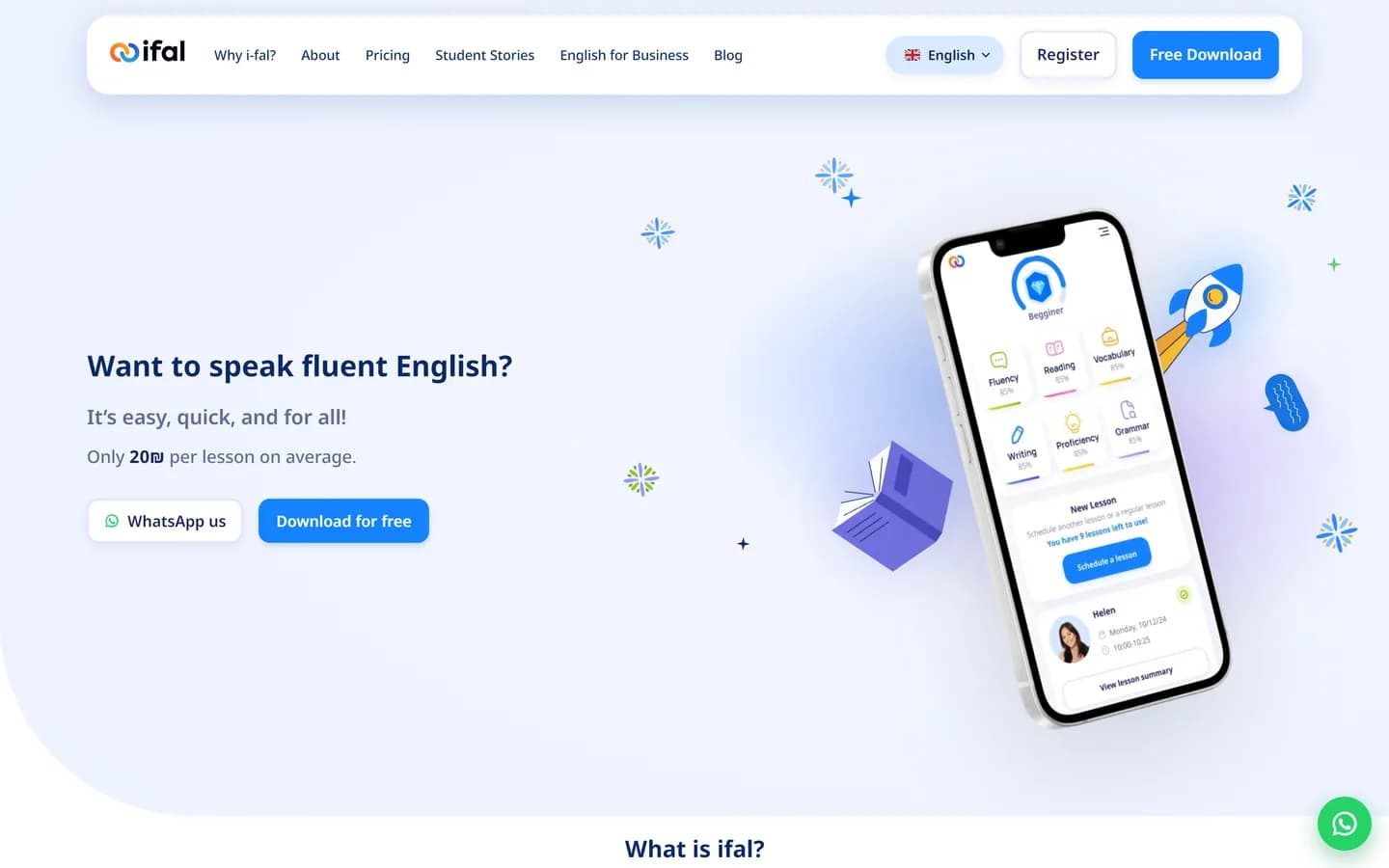 i-fal home page showing the English lesson offer and app