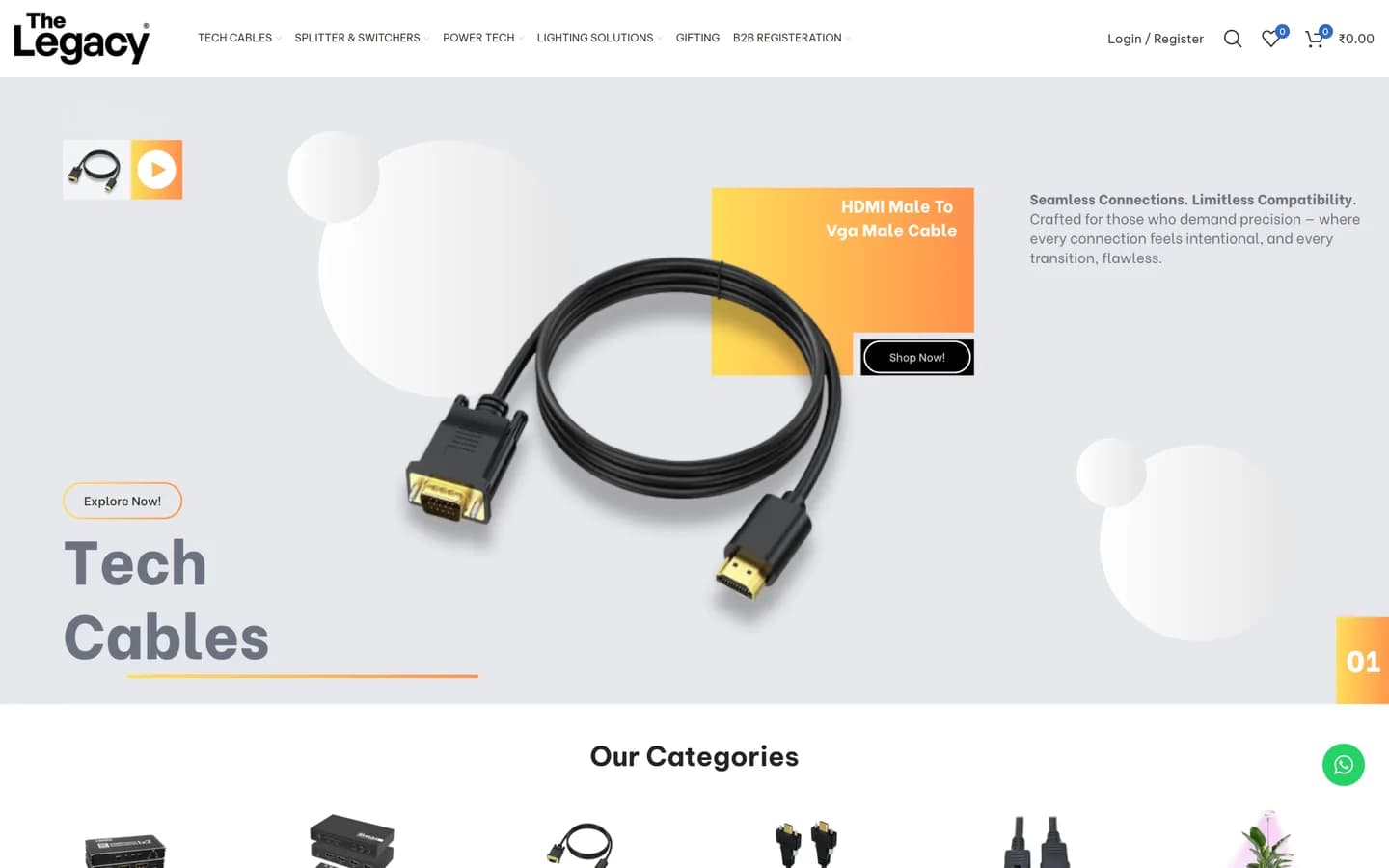 The Legacy India storefront home page showing the tech cables category