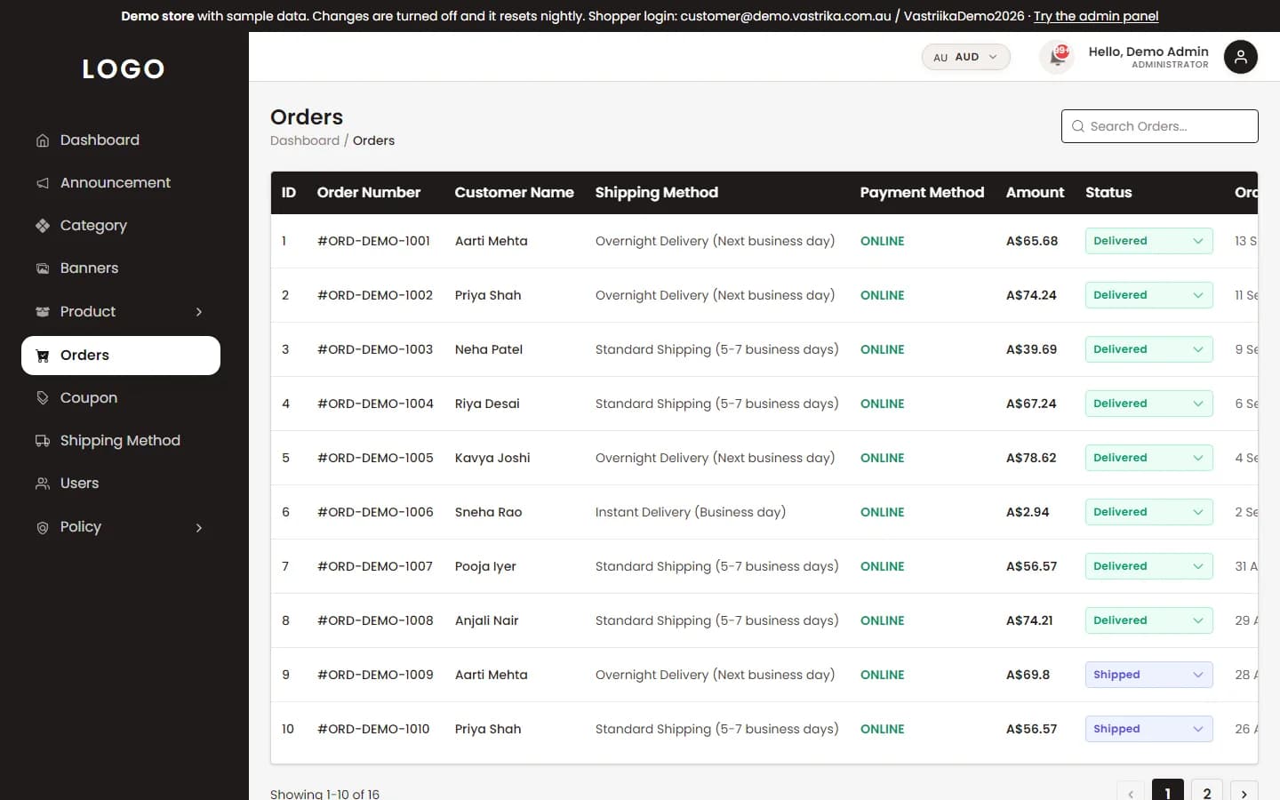 Vastriika admin order list